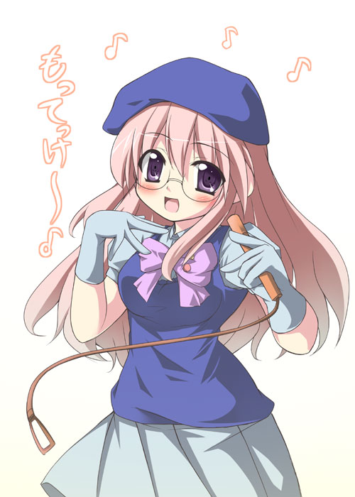 tekehiro, endou aya, sheryl nome, takara miyuki, lucky star, macross, macross frontier, 1girl, cosplay, female focus, glasses, gloves, hat, long hair, musical note, pink hair, purple eyes, quaver, sheryl nome (cosplay), solo, voice actor connection
