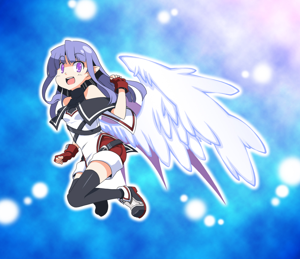 hinoshita hikari, original, angel wings, bare shoulders, gloves, pink eyes, pointy ears, purple eyes, purple hair, solo, thighhighs, wings