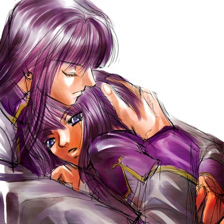 cross-empire, crossempire, larcei (fire emblem), shannan (fire emblem), fire emblem, fire emblem: genealogy of the holy war, nintendo, lowres, cousins, hug, purple eyes, purple hair, short hair