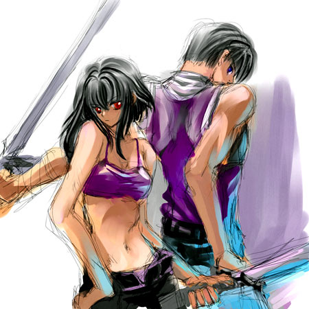 cross-empire, crossempire, larcei (fire emblem), scathach (fire emblem), fire emblem, fire emblem: genealogy of the holy war, nintendo, lowres, black hair, brother and sister, midriff, red eyes, short hair, siblings, sword, weapon