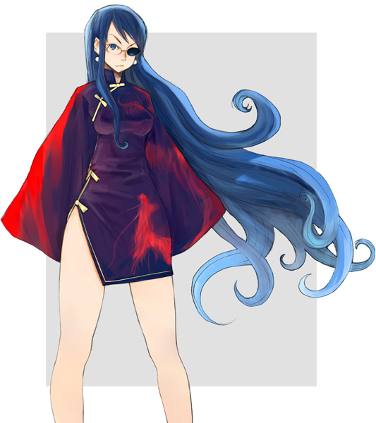 takada hiro, original, blue hair, china dress, chinese clothes, dress, eyepatch, glasses, long hair, side slit, solo
