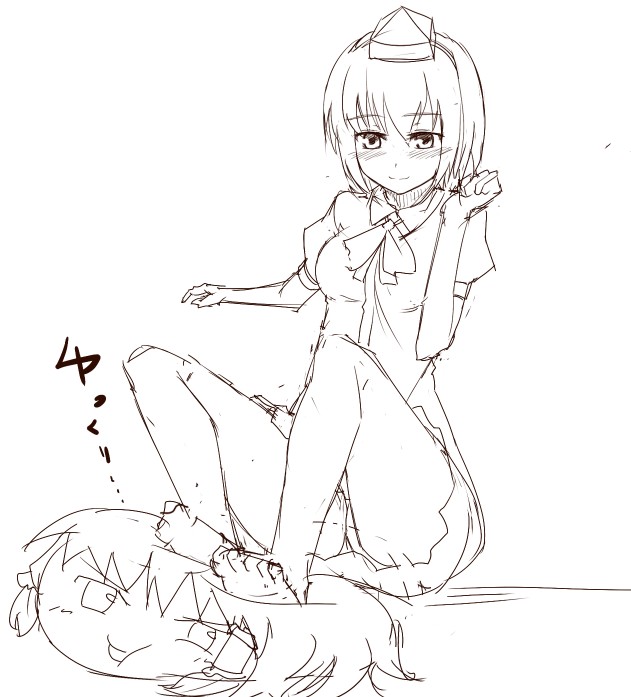 ket-c, hakurei reimu, shameimaru aya, touhou, 1girl, bad anatomy, bad feet, barefoot, blush, feet, female focus, greyscale, hat, looking down, monochrome, poorly drawn, short hair, sketch, smile, solo, yukkuri shiteitte ne