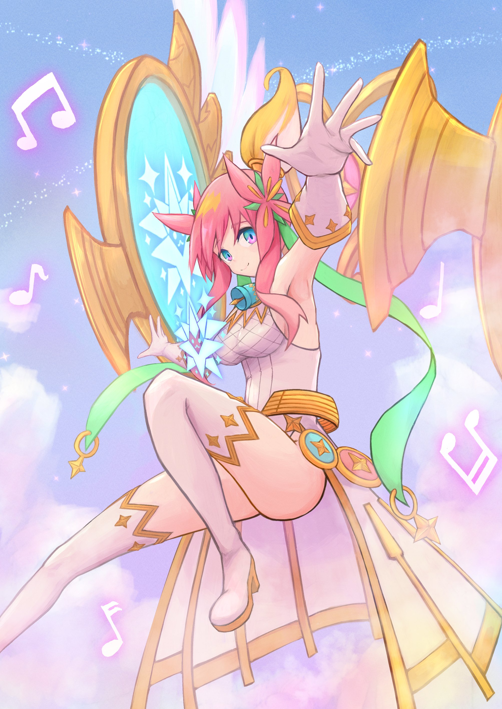 duel masters, absurdres, highres, 1girl, armpits, bare shoulders, beamed eighth notes, beamed sixteenth notes, bell, blonde hair, blue eyes, boots, breasts, closed mouth, dress, eighth note, elbow gloves, energy wings, floating hair, flower, gloves, gold trim, gradient sky, green hair ornament, hair flower, hair ornament, high ponytail, leg up, leotard, long hair, magic circle, mesh, multicolored eyes, multicolored hair, musical note, neck bell, outstretched arms, pink eyes, pink hair, ponytail, quarter note, rafululu love (duel masters), short ponytail, sidelocks, sirosiro miyabi, sky, solo, sparkle, thigh boots, weapon, white boots, white dress, white gloves, white leotard