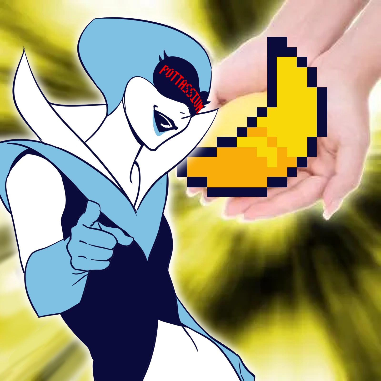 queen (deltarune), deltarune, utdr (toby fox), commentary request, highres, korean commentary, 1girl, banana, blue gloves, blue lips, food, fruit, gloves, gnd ib, open mouth, photo inset, pixel art inset, pointing, pointing at viewer, smile