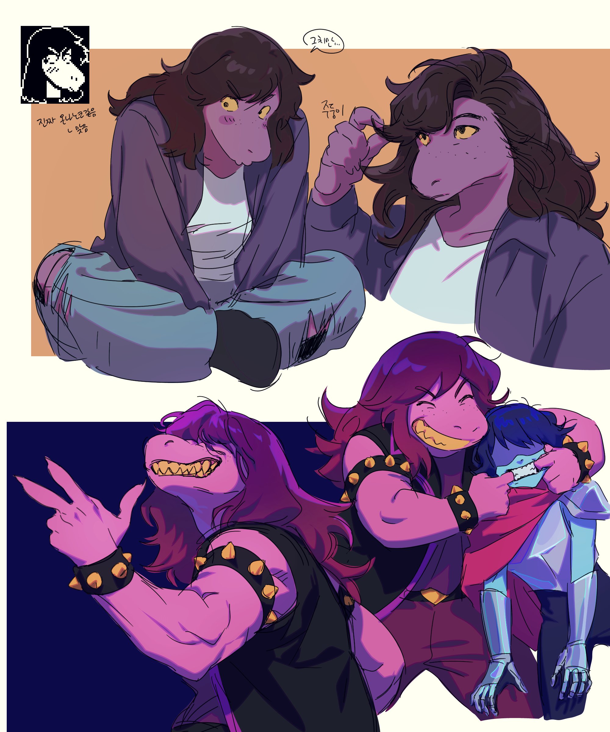 kris (dark world) (deltarune), kris (deltarune), deltarune, utdr (toby fox), absurdres, commentary request, highres, korean commentary, translation request, 1girl, 1other, armlet, armor, black jacket, blue pants, blue skin, bracelet, brown hair, cape, colored sclera, colored skin, gauntlets, gnd ib, grin, jacket, jewelry, korean text, long hair, mouth pull, pants, purple hair, purple jacket, purple skin, red cape, reptile girl, shirt, shoulder armor, side cape, sitting, sleeveless, sleeveless jacket, smile, spiked armlet, spiked bracelet, spikes, w, white shirt, yellow sclera