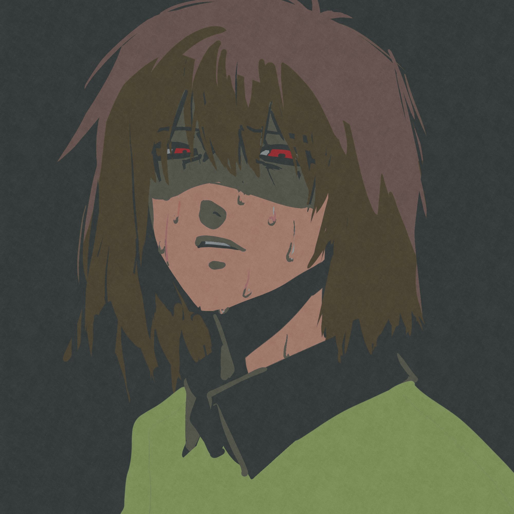 kris (deltarune), deltarune, utdr (toby fox), highres, 1other, black shirt, brown hair, collared shirt, gnd ib, green shirt, other focus, parted lips, portrait, red eyes, shirt, short hair, solo, sweat