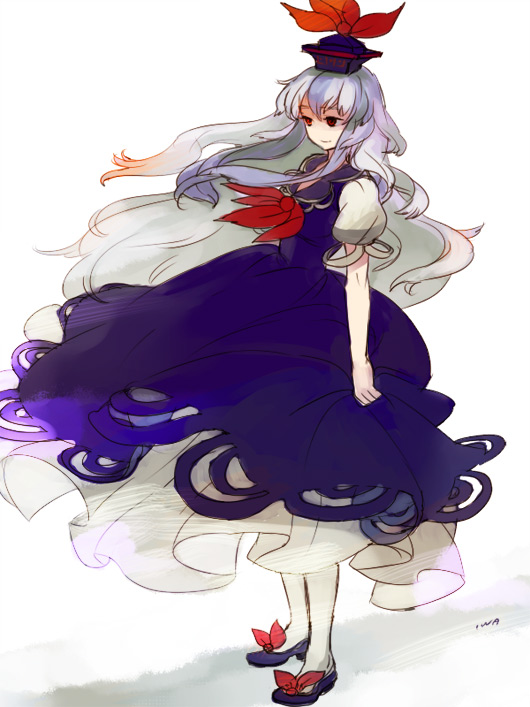 iwamoto zerogo, kamishirasawa keine, touhou, white legwear, 1girl, blue dress, blue hair, dress, female focus, full body, hat, long hair, multicolored hair, puffy short sleeves, puffy sleeves, red eyes, short sleeves, simple background, skirt hold, solo, standing, very long hair, white hair, wind
