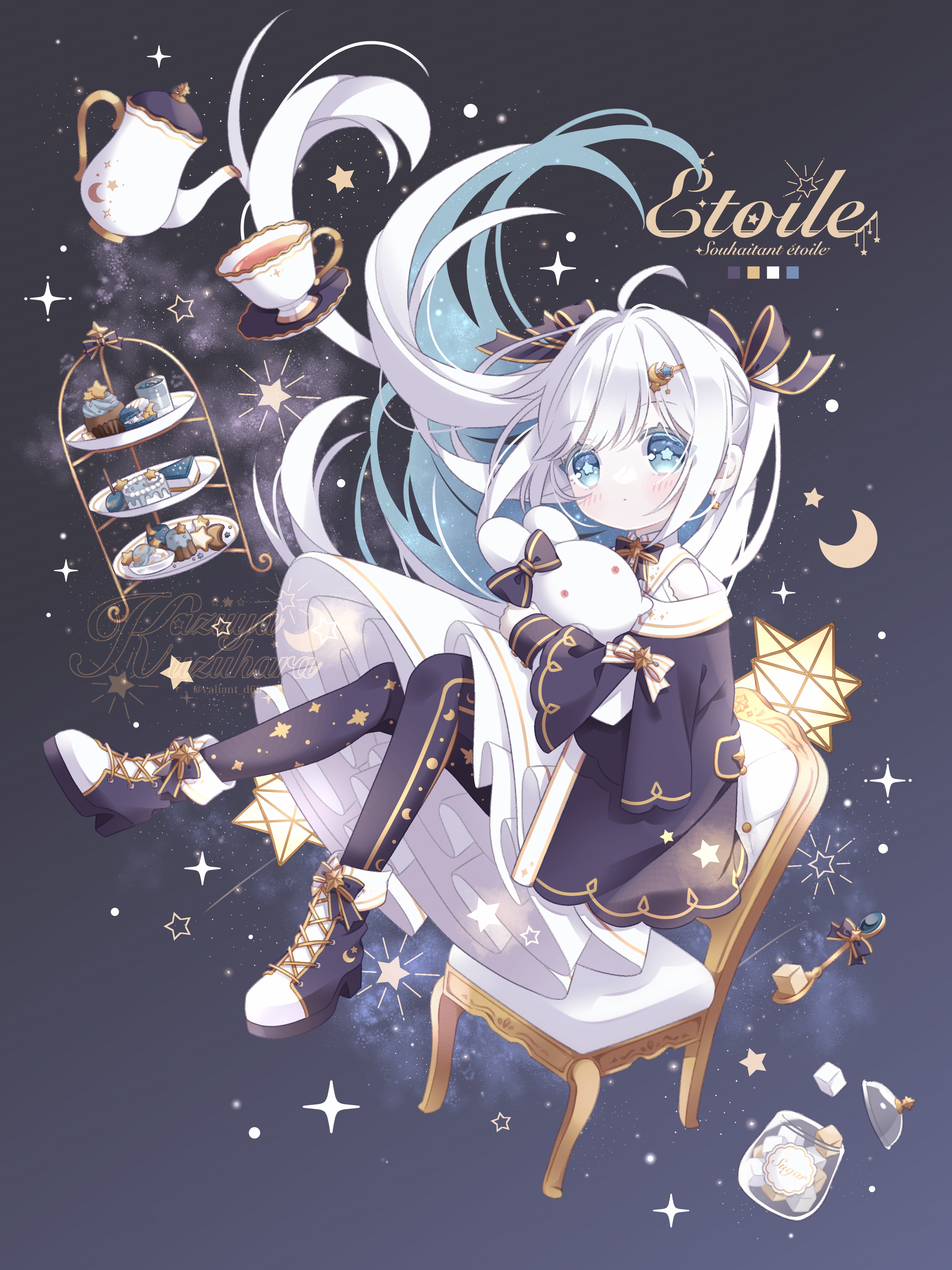 kuzuhara kazuya, original, absurdres, highres, 1girl, ahoge, black pantyhose, blue eyes, blue hair, blush, boots, cake, chair, colored inner hair, cookie, cup, dessert, dress, food, full body, hair ornament, lolita fashion, long hair, looking at viewer, macaron, multicolored hair, pantyhose, ribbon, saucer, sitting, solo, spoon, star (sky), star (symbol), stuffed animal, stuffed toy, sugar cube, sweets, tea, teacup, teapot, watermark, white dress, white hair