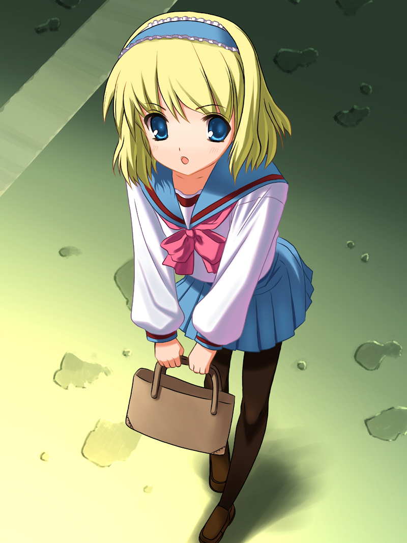 okina ika, alice margatroid, touhou, 1girl, alternate costume, bag, blonde hair, blue eyes, blush, female focus, hairband, holding, long sleeves, open mouth, pantyhose, ribbon, road, school uniform, serafuku, shoes, short hair, skirt, solo, street