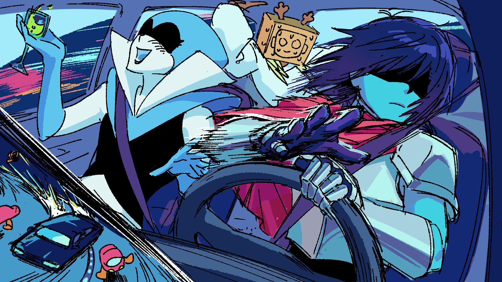 kris (dark world) (deltarune), kris (deltarune), noelle holiday, deltarune, utdr (toby fox), commentary request, highres, korean commentary, 1other, 2girls, antlers, armor, blue gloves, blue hair, blue skin, box, car, car interior, colored skin, cup, deer antlers, drinking glass, driving, gauntlets, gloves, gnd ib, holding, holding cup, horns, mole, mole under eye, motor vehicle, multiple girls, noelle holiday (dark world), open mouth, partially shaded face, seatbelt, shoulder armor, smile, steering wheel, wine glass