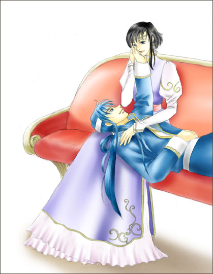 larcei (fire emblem), seliph (fire emblem), fire emblem, fire emblem: genealogy of the holy war, nintendo, 1boy, 1girl, black hair, couch, couple, dress, hetero, lap pillow, purple eyes, red upholstery, short hair