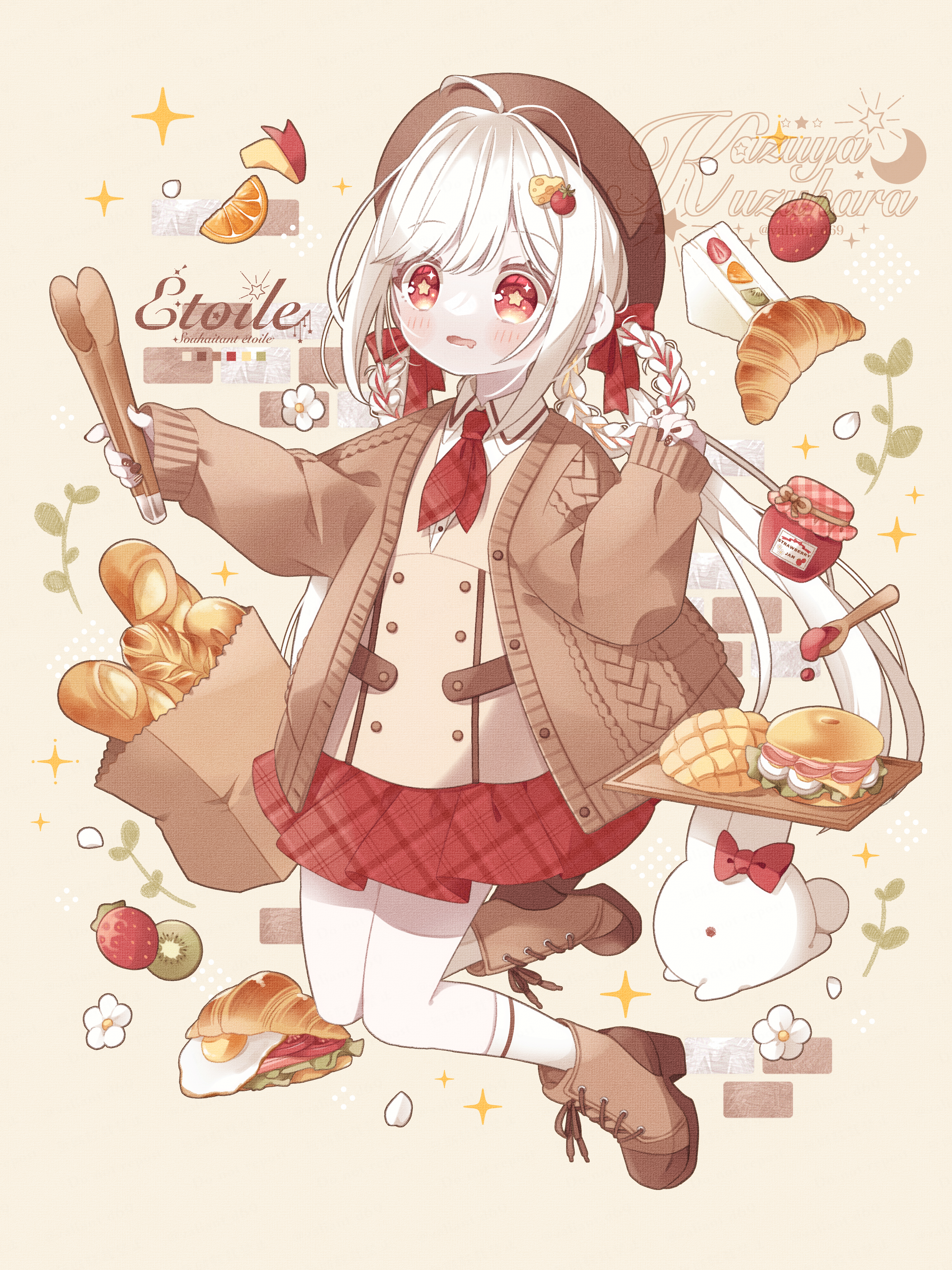 kuzuhara kazuya, original, absurdres, highres, 1girl, bag, baguette, beret, boots, braid, bread, bread slice, croissant, drooling, food, food-themed hair ornament, fruit, hair ornament, hair rings, hat, jam, lace-up boots, lolita fashion, long hair, melon bread, mouth drool, orange (fruit), orange slice, plaid clothes, plaid skirt, rabbit, red eyes, red skirt, shirt, skirt, solo, strawberry, strawberry hair ornament, white hair