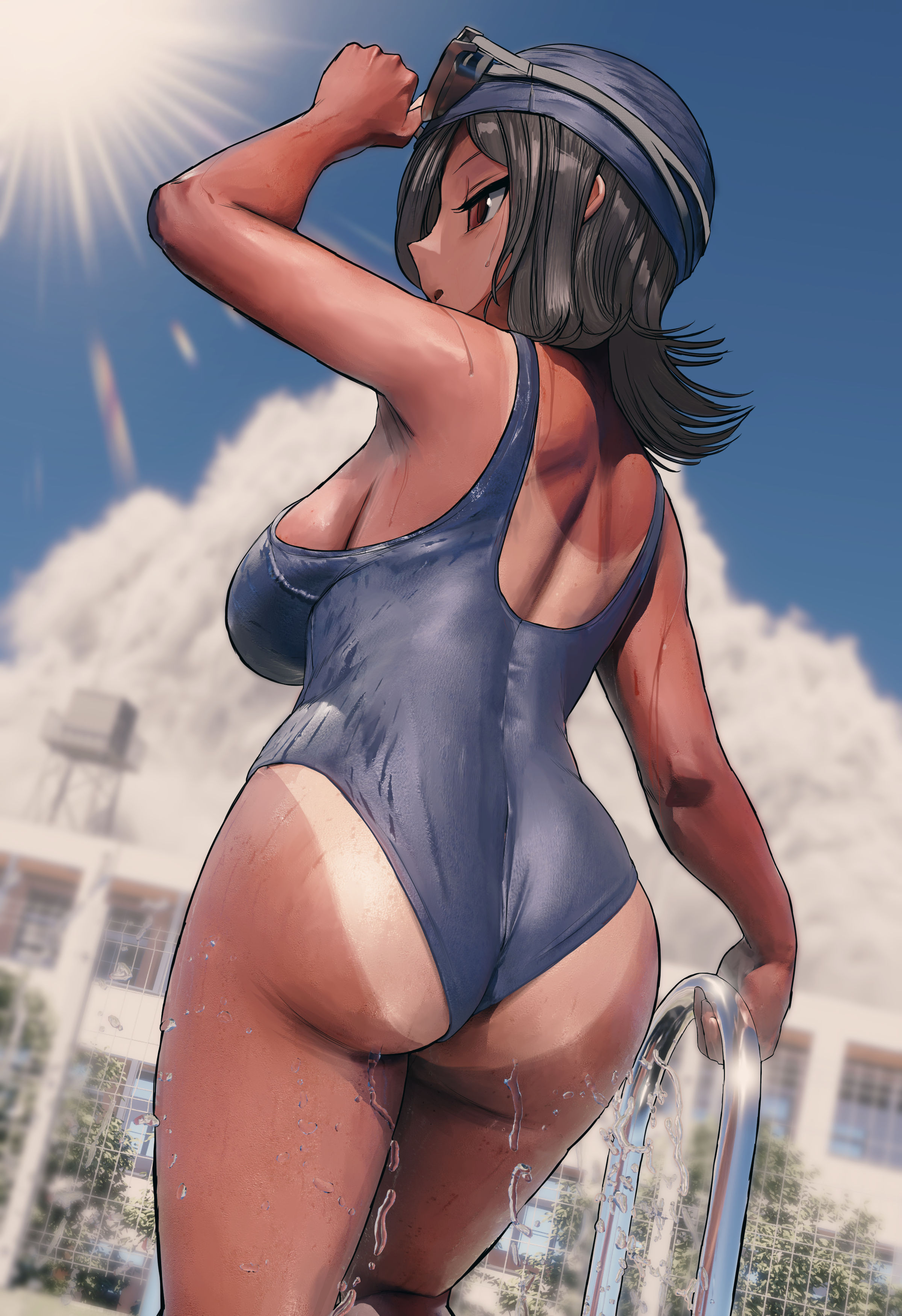 mejikara scene, original, absurdres, highres, 1girl, black hair, blue one-piece swimsuit, blue sky, breasts, brown eyes, cloud, cloudy sky, day, from behind, goggles, goggles on head, large breasts, medium hair, one-piece swimsuit, one-piece tan, outdoors, pool ladder, school swimsuit, sky, swim cap, swimsuit, tan, tanline, wet