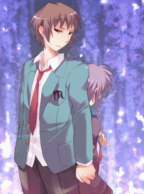 kurohara yuu, kyon, nagato yuki, suzumiya haruhi no yuuutsu, silver hair, 00s, back-to-back, school uniform, serafuku