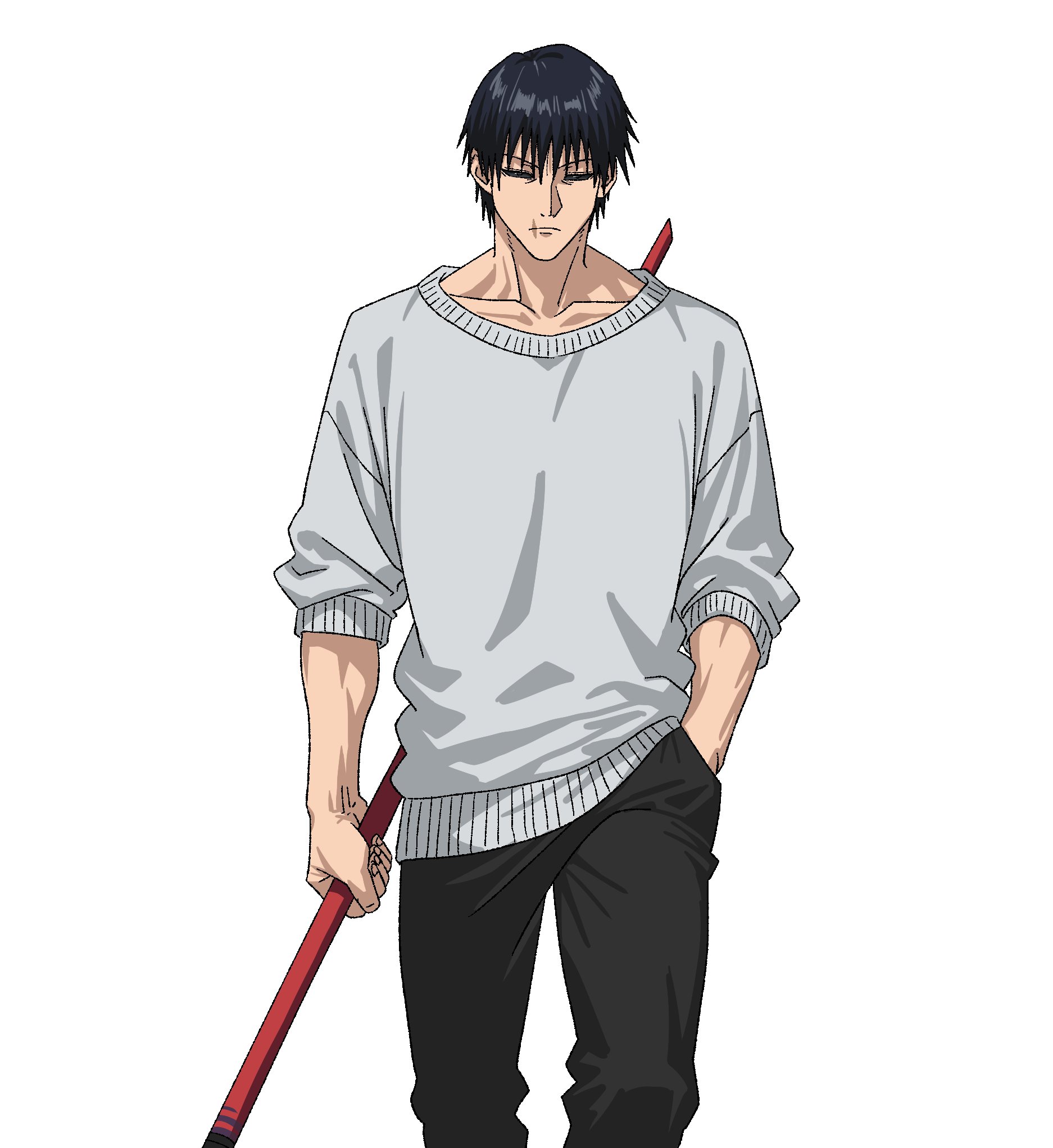 fushiguro touji, jujutsu kaisen, highres, 1boy, black eyes, black hair, black pants, black sclera, closed mouth, collarbone, colored sclera, cowboy shot, hand in pocket, holding, holding staff, male focus, muscular, muscular male, pants, scar on lip, short hair, simple background, solo, staff, sweater, v0idzenin, white background, white sweater