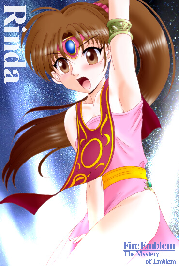 hissaa (starlight express), linde (fire emblem), fire emblem, fire emblem: mystery of the emblem, nintendo, 1girl, aqua gemstone, arm up, armlet, armpits, blush, brown eyes, brown hair, character name, copyright name, covering crotch, covering privates, crown, dress, gem, hat, jewelry, no panties, pelvic curtain, ponytail, side slit, tabard, tiara