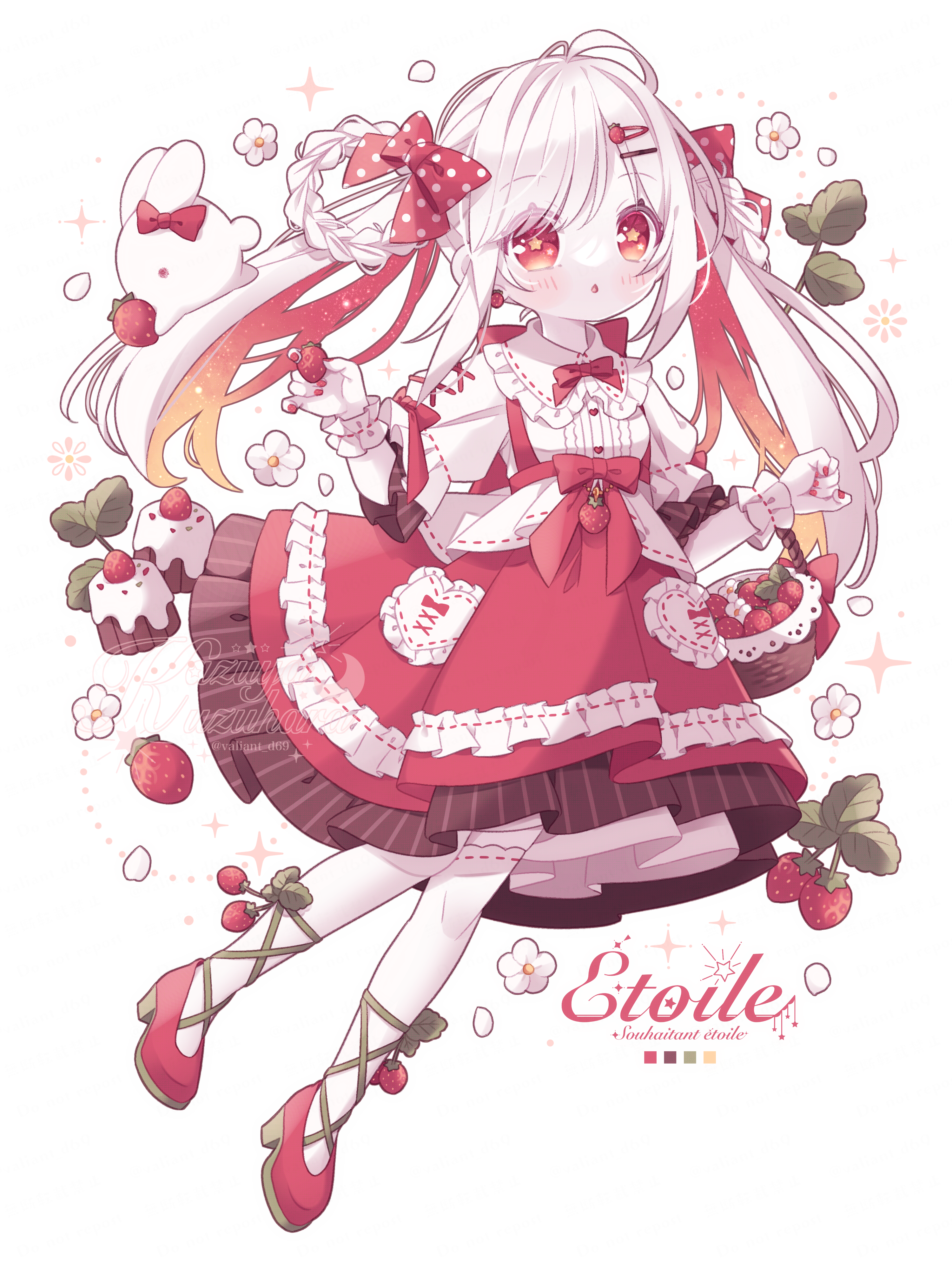 kuzuhara kazuya, original, absurdres, highres, 1girl, :o, basket, blush, bow, braid, braided hair rings, colored inner hair, flower, food, frilled shirt collar, frills, fruit, hair bow, hair rings, high heels, holding, looking at viewer, multicolored hair, nail polish, parted lips, polka dot, polka dot bow, rabbit, red bow, red eyes, red hair, red nails, red skirt, shirt, skirt, solo, strawberry, symbol-shaped pupils, thighhighs, twintails, white background, white flower, white hair, white shirt