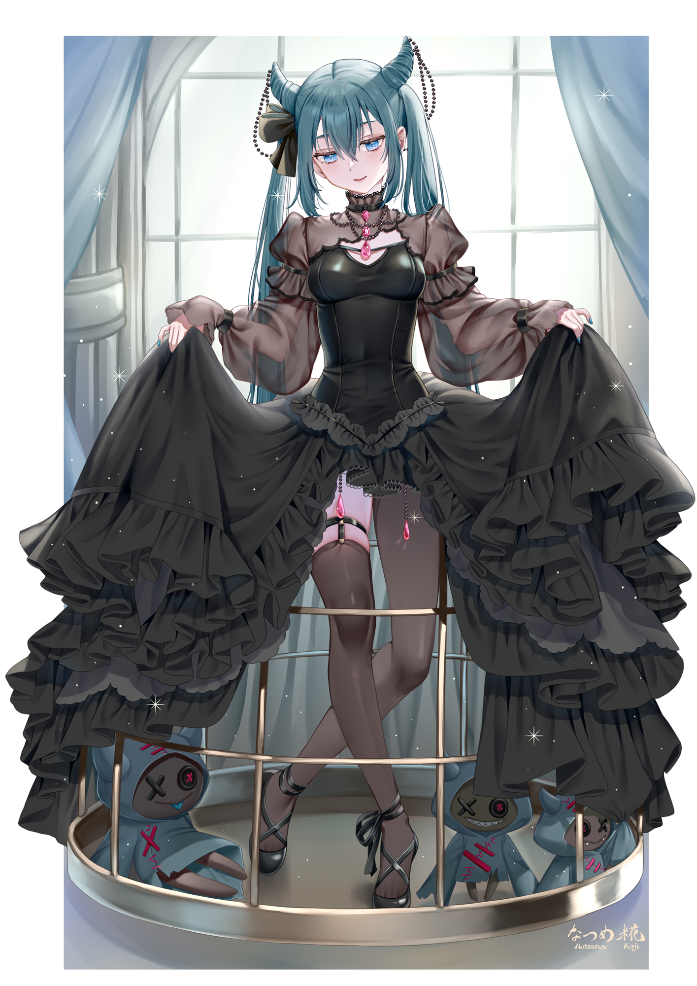natsume koji, vocaloid, highres, 1girl, aqua hair, black dress, black shrug, black thighhighs, blue eyes, breasts, curtsey, doll, dress, frills, goth fashion, gown, hair horns, looking at viewer, medium breasts, shrug (clothing), skirt hold, smile, solo, thighhighs, twintails