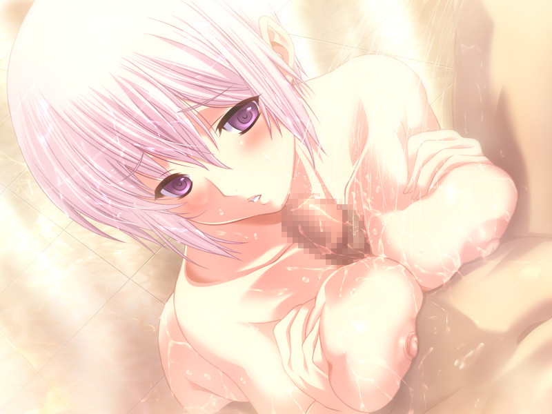 m&m, lydia (toriko no hime), toriko no hime, game cg, 1girl, blush, breasts, breasts squeezed together, censored, large breasts, mixed-sex bathing, mosaic censoring, nipples, nude, paizuri, penis, pink eyes, pink hair, pov, purple eyes, shared bathing, short hair, showering, solo focus, wet