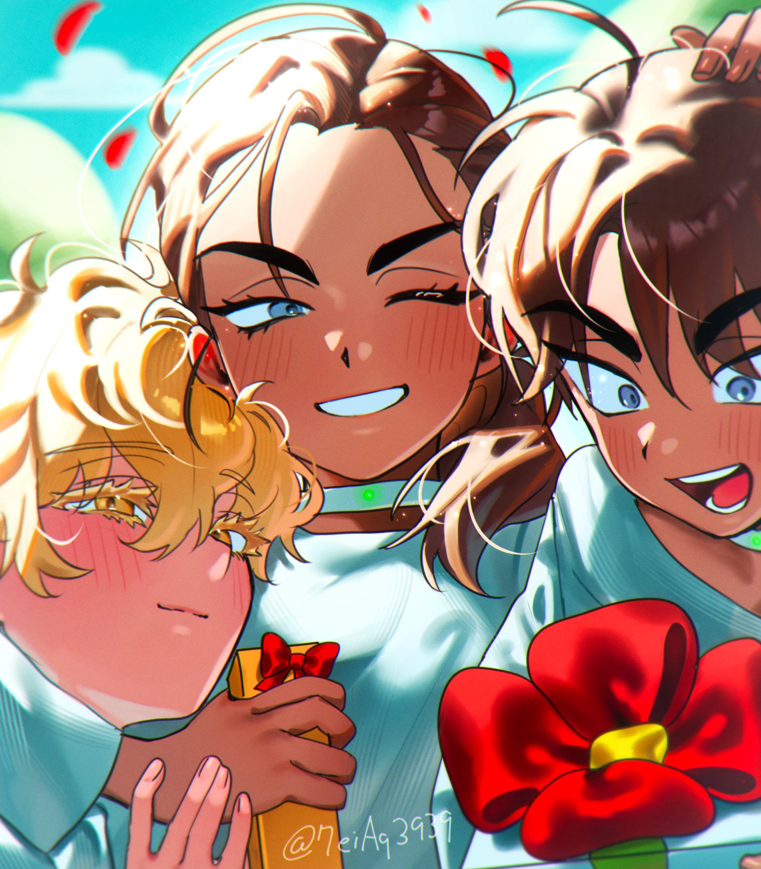 7eiaq3939, hyuna (alien stage), luka (alien stage), alien stage, commentary, english commentary, highres, 1girl, 2boys, artist name, birthday, blonde hair, box, brown hair, choker, colored eyelashes, gift, gift box, grey eyes, holding, holding gift, hyunwoo (alien stage), multiple boys, one eye closed, open mouth, ponytail, red petals, shirt, signature, smile, white choker, white shirt, yellow eyes