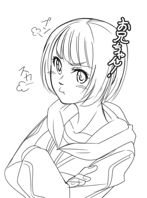 eibon, nakase katsumi, science adventure, steins;gate, steins;gate 0, shiny eyes, blunt bangs, blush, collarbone, crossed arms, fingernails, hood, hoodie, looking at viewer, monochrome, pout, short hair, sketch, tomboy