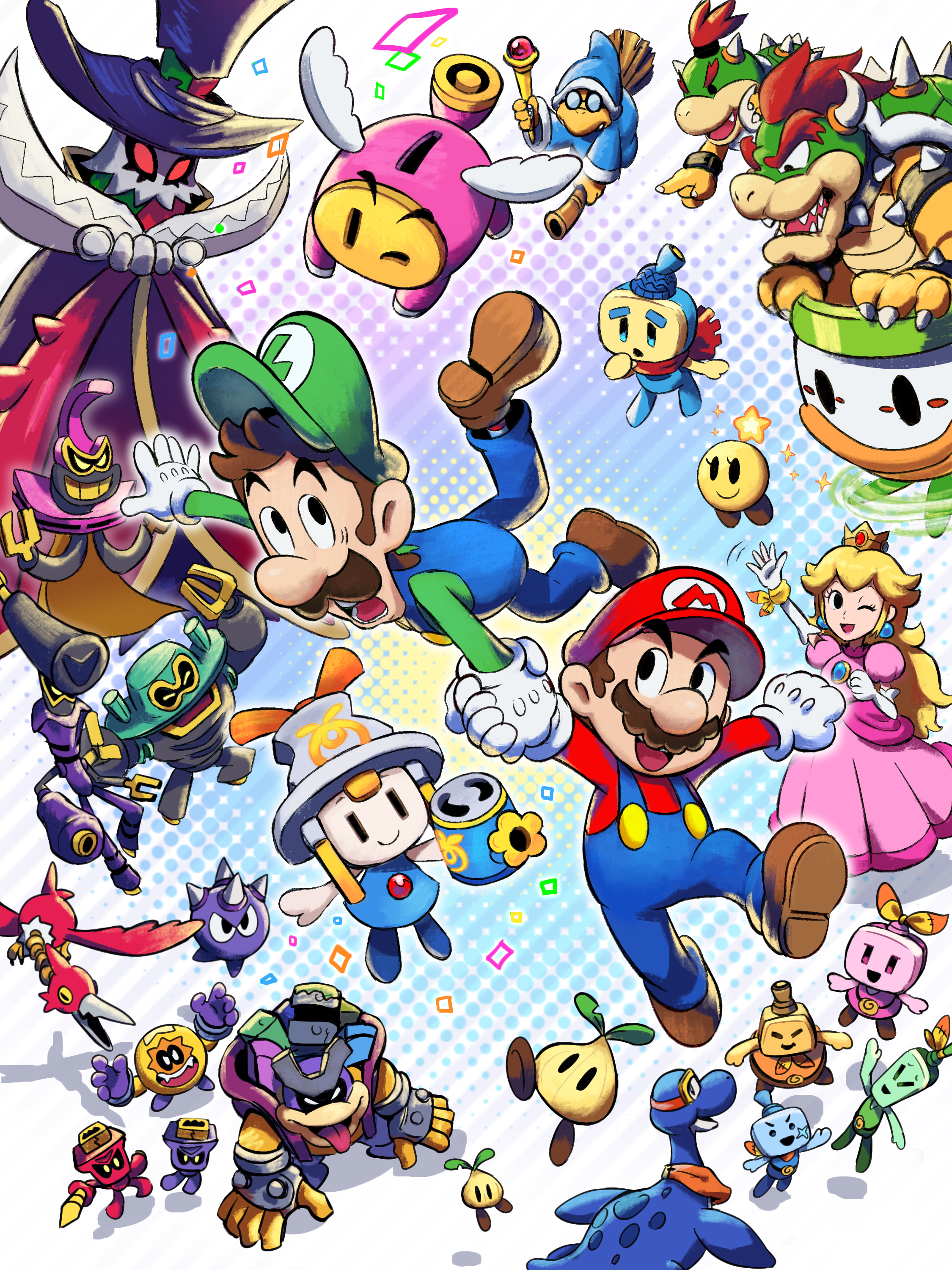 yamari (ya mari 6363), bowser, bowser jr., buddy (mario), connie (mario), dorrie, dulles (mario), ecks (mario), ellow (mario), gorumbla, guardarm, helmet zok trooper, ireen (mario), kamek, koopa clown car, loog (mario), luigi, mario, princess peach, seedle (mario), shun (mario), snaptor, snoutlet (mario), spike zok trooper, spikely, starlow, ten (mario), zokket, mario & luigi: brothership, mario & luigi rpg, mario (series), nintendo, absurdres, highres, 6+boys, black eyes, blonde hair, brothers, brown hair, dress, electric plug, everyone, facial hair, gloves, green hat, green shirt, hat, jewelry, long hair, multiple boys, multiple girls, mustache, no fingers, official alternate eye color, official style, open mouth, overalls, red hat, red shirt, shadow, shirt, siblings, smile, socks, spikes, star (symbol), two-tone socks, white gloves