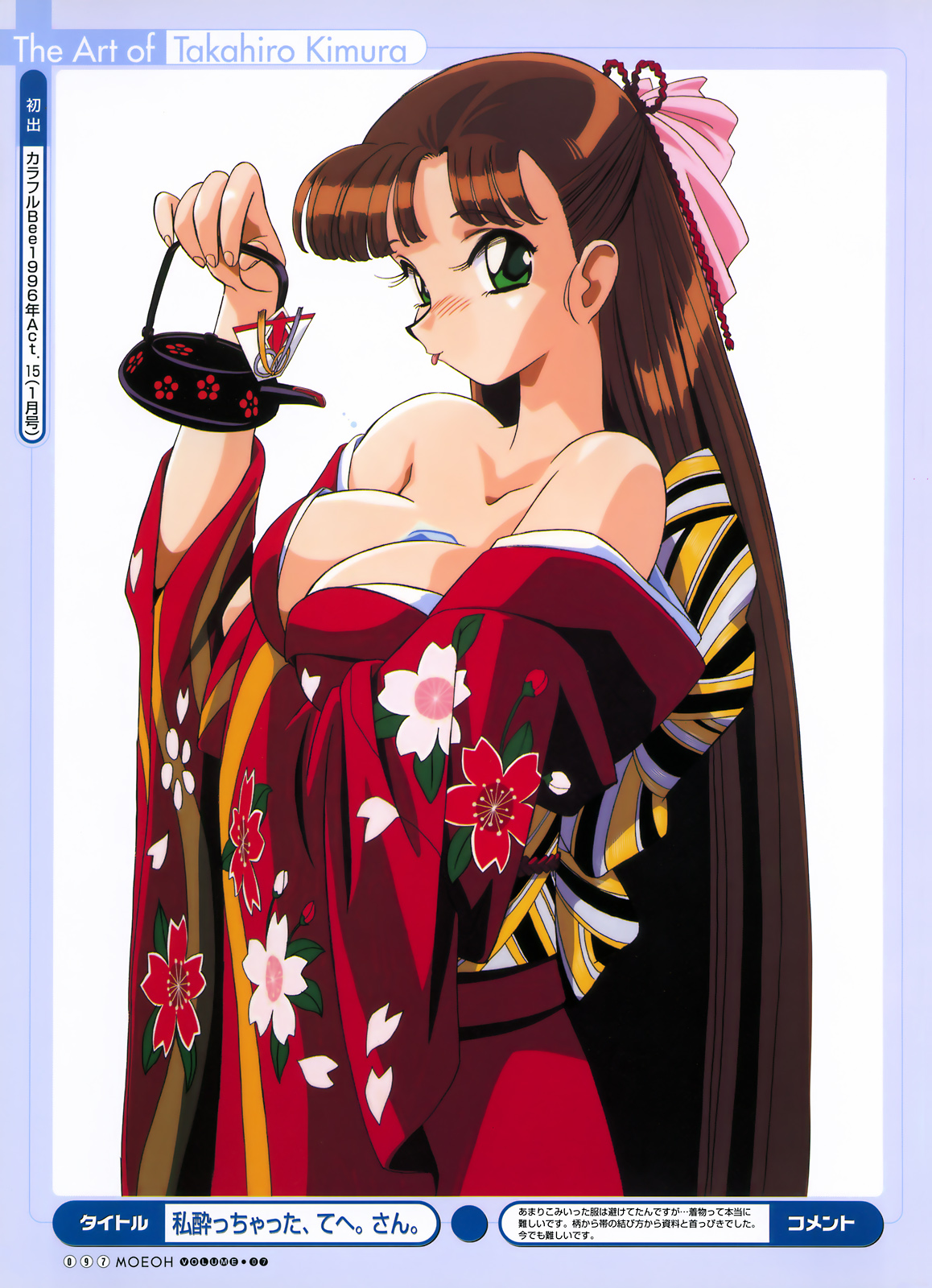 kimura takahiro, highres, 1girl, :p, bare shoulders, between breasts, bow, breasts, brown hair, cleavage, female focus, green eyes, hair bow, japanese clothes, kettle, kimono, large breasts, pink bow, solo, teapot, tongue, tongue out