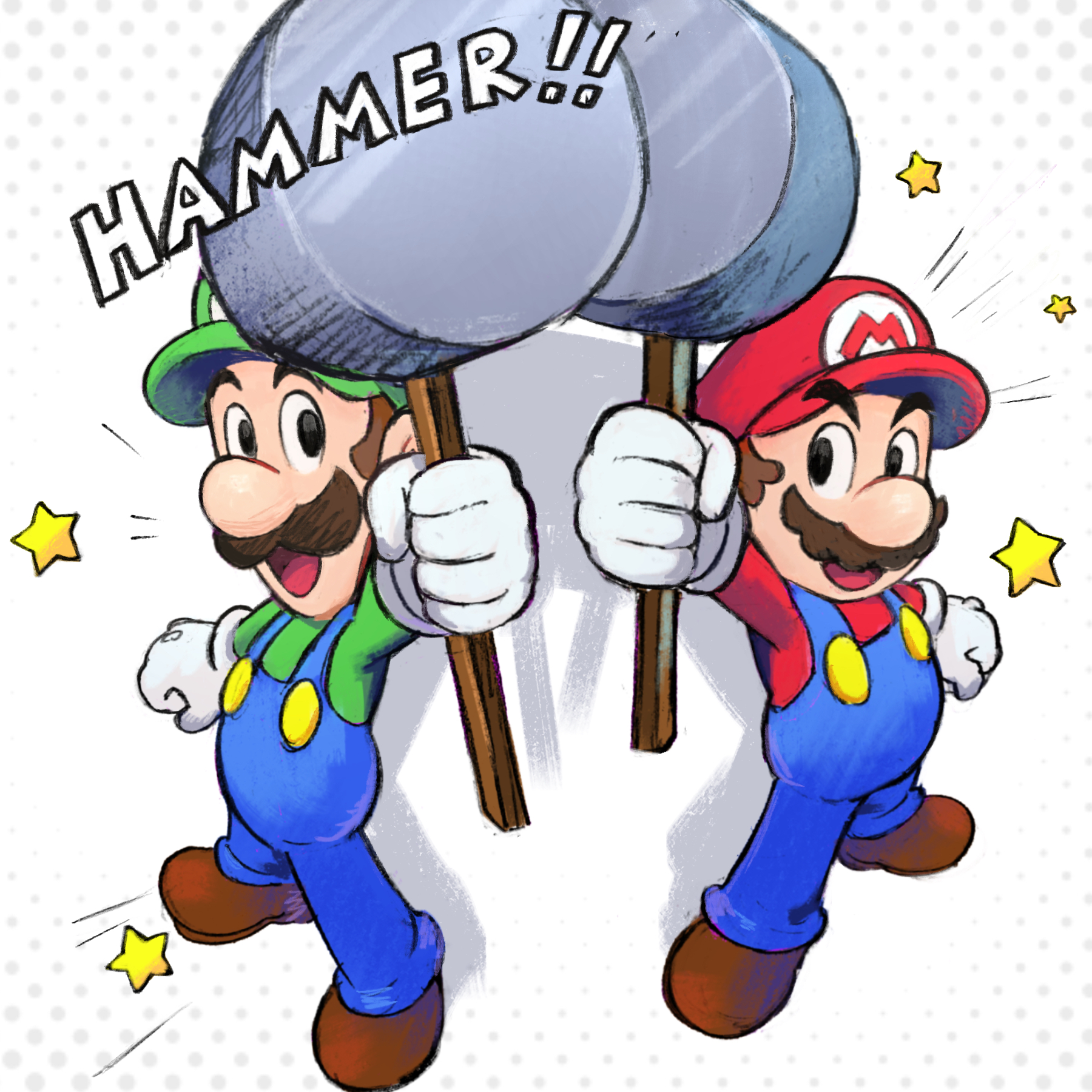 yamari (ya mari 6363), luigi, mario, mario & luigi: brothership, mario & luigi rpg, mario (series), nintendo, highres, 2boys, black eyes, blue overalls, brothers, brown shoes, english text, facial hair, gloves, green hat, green shirt, hammer, hat, holding, holding hammer, male focus, multiple boys, mustache, newsboy cap, open mouth, overalls, red hat, red shirt, shadow, shirt, shoes, siblings, star (symbol), tongue, white background, white gloves
