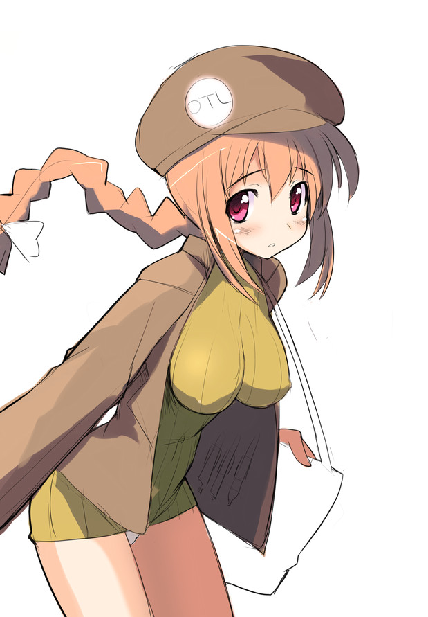 sikorsky, bag, blush, braid, brown hair, hat, long hair, panties, pantyshot, pink eyes, simple background, solo, underwear, white background