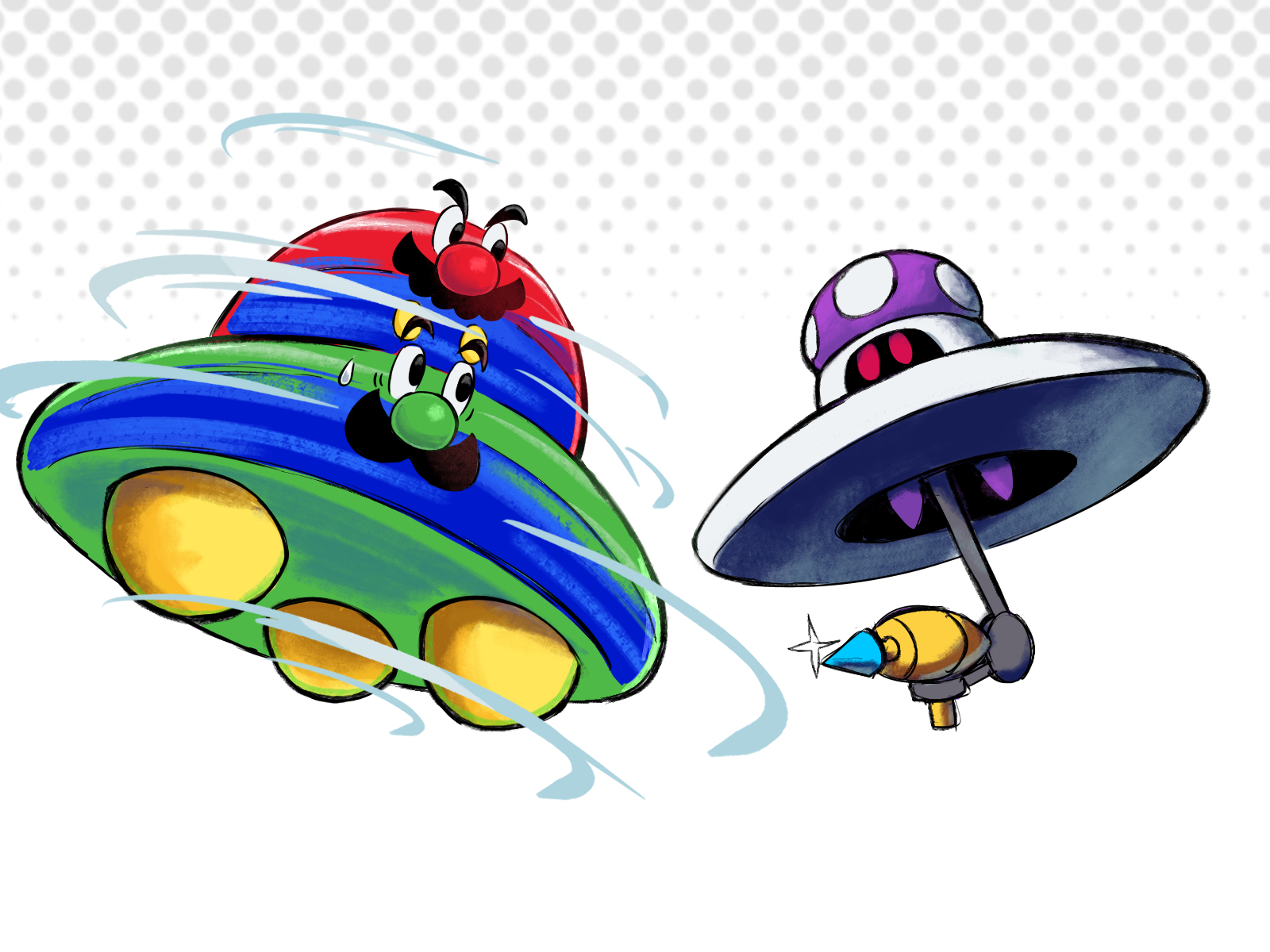 yamari (ya mari 6363), luigi, mario, shroob saucer, mario & luigi: brothership, mario & luigi: partners in time, mario & luigi rpg, mario (series), nintendo, highres, alternate form, black eyes, facial hair, flying saucer, halftone, halftone background, looking to the side, mustache, polka dot, polka dot background, red eyes, small sweatdrop, spacecraft, sweatdrop, white background