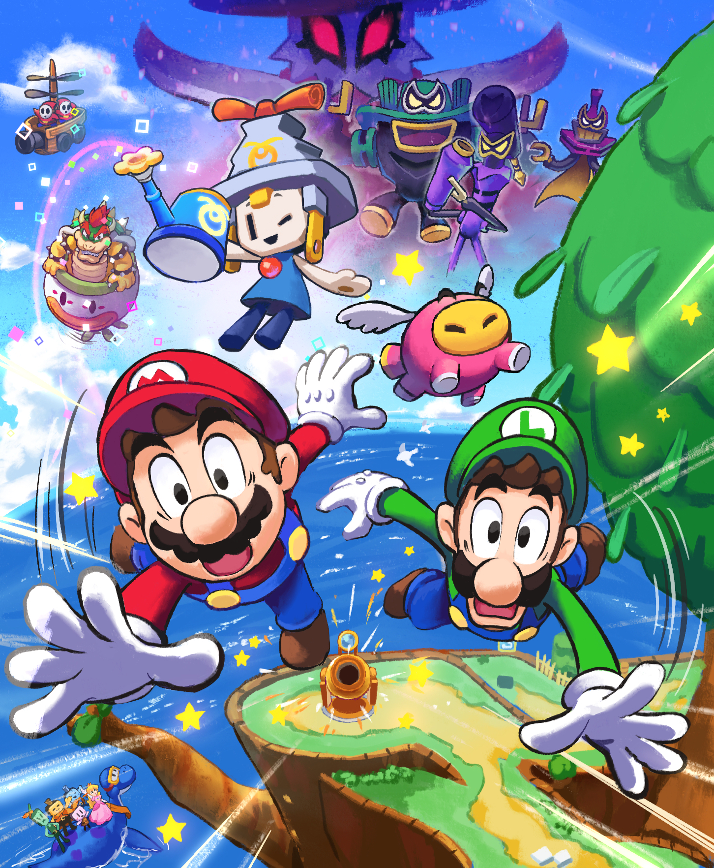 yamari (ya mari 6363), bowser, connie (mario), dorrie, dulles (mario), ecks (mario), ellow (mario), ireen (mario), koopa clown car, loog (mario), luigi, mario, princess peach, shun (mario), shy guy, snoutlet (mario), ten (mario), zokket, mario & luigi: brothership, mario & luigi rpg, mario (series), nintendo, highres, 2girls, 3boys, 6+others, ;d, aircraft, airship, arm up, armlet, black eyes, blonde hair, blue overalls, blue pants, blue sky, bracelet, brothers, brown hair, brown shoes, cannon, claws, cloud, crown, day, diving mask, dress, elbow gloves, facial hair, fence, flying, gloves, goggles, grass, green hat, green shirt, grin, hat, holding, holding watering can, horizon, horns, jewelry, long hair, long sleeves, looking at viewer, mini crown, motion lines, multiple boys, multiple girls, multiple others, mustache, ocean, one eye closed, open mouth, outdoors, overalls, pants, path, picket fence, pig, pink dress, red eyes, red hair, red hat, red shirt, riding, road, sharp teeth, shirt, shoes, short hair, short sleeves, siblings, sky, smile, speed lines, spiked armlet, spiked bracelet, spiked shell, spikes, standing, star (symbol), teeth, tree, turtle shell, v-shaped eyebrows, water, watering can, white gloves, white wings, wide-eyed, wings, wooden fence, yellow eyes