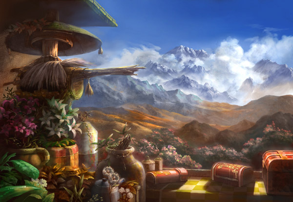 yoshimura masato, panorama, box, cloud, day, flower, landscape, mountain, no humans, scenery, sky