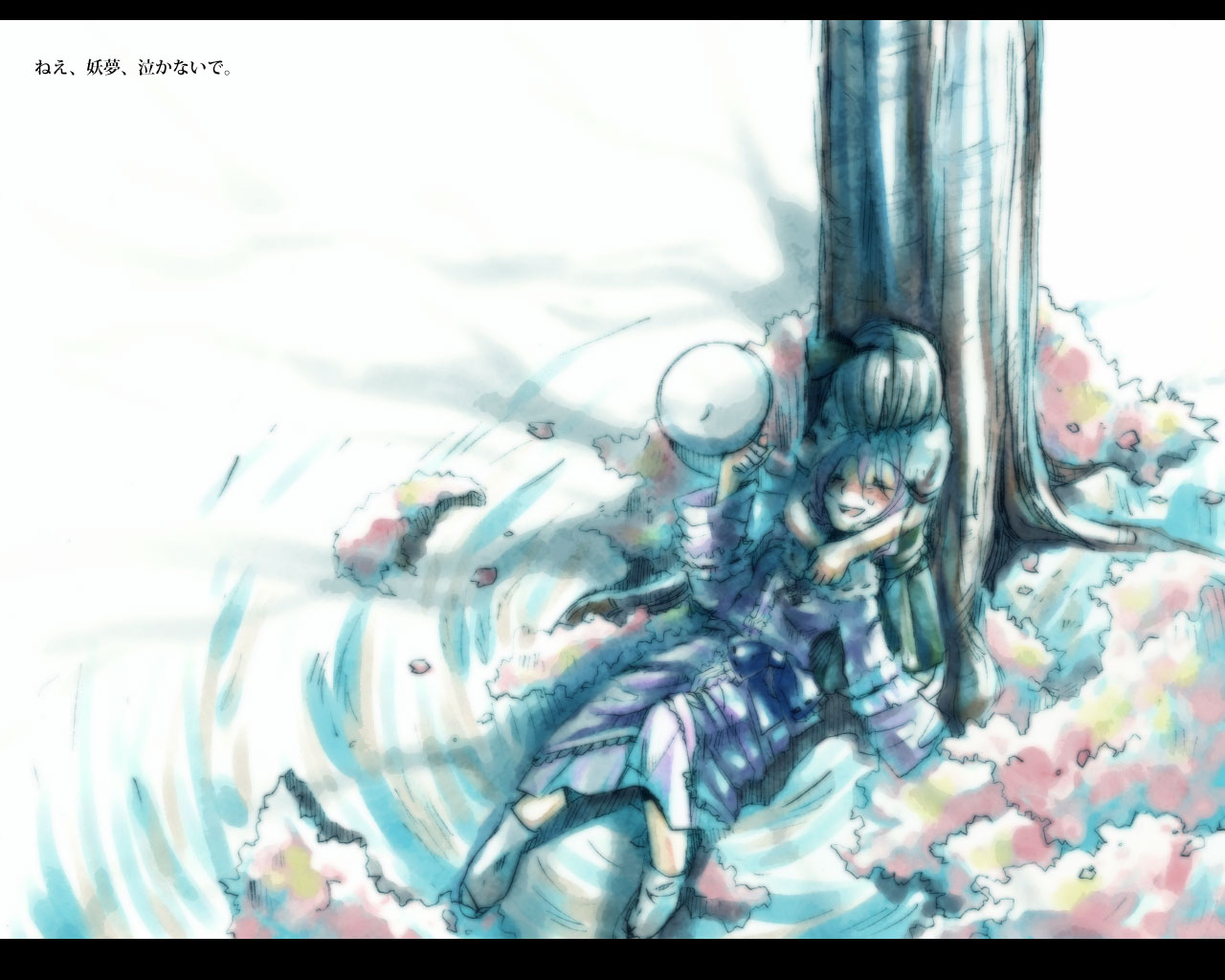 konpaku youmu, konpaku youmu (ghost), saigyouji yuyuko, touhou, 2girls, against tree, arms around neck, blush, cherry blossoms, closed eyes, death, female focus, letterboxed, multiple girls, smile, tree, under tree