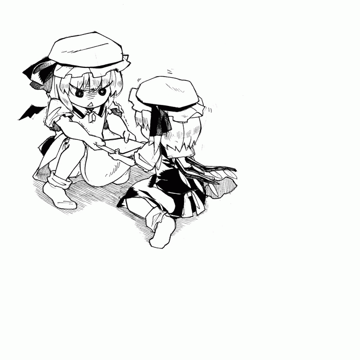 fuantei, flandre scarlet, izayoi sakuya, remilia scarlet, touhou, animated, animated gif, 3girls, blood, book, feet, female focus, fighting, greyscale, loli, monochrome, multiple girls, non-repeating animation, nosebleed, pinned, socks, tears, you gonna get raped, yuri