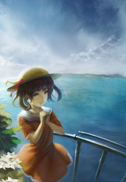 yoshimura masato, original, panorama, 1girl, cloud, day, dress, female focus, flower, hat, island, landscape, nature, ocean, outdoors, rail, railing, ribbon, sailor dress, scenery, sky, solo, straw hat, water