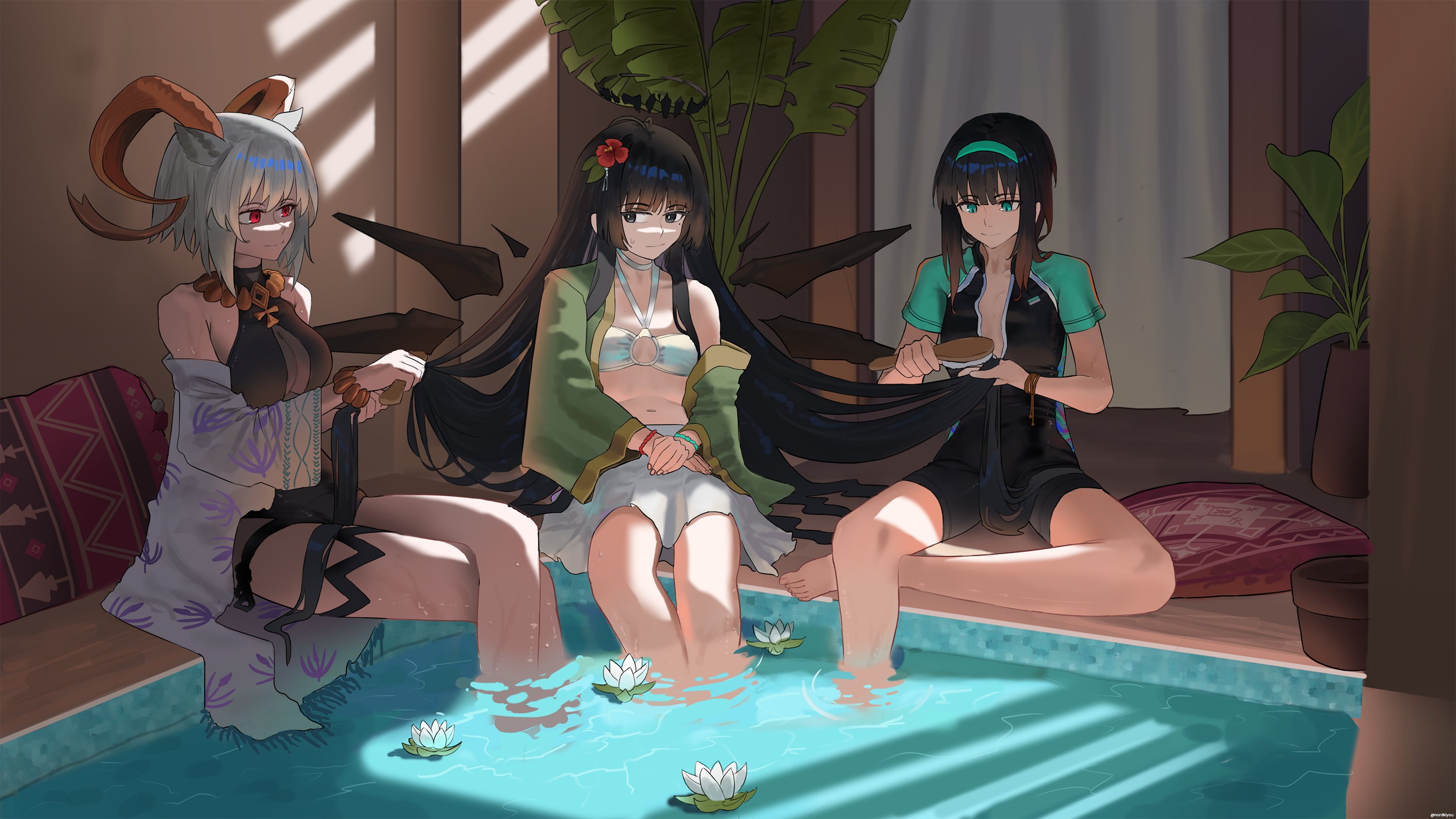 northkiyou, carnelian (arknights), carnelian (shimmering dew) (arknights), virtuosa (arknights), arknights, original, hashtag-only commentary, highres, 3girls, animal ears, bare shoulders, bikini, black eyes, black hair, black halo, black one-piece swimsuit, black wetsuit, bracelet, breasts, bright pupils, broken halo, brown hair, brushing another's hair, brushing hair, crossed legs, curled horns, detached wings, energy wings, flower, green eyes, green hairband, grey hair, hair brush, hair flower, hair ornament, hairband, halo, holding, holding brush, holding hair brush, horns, jewelry, kiyou (northkiyou), large breasts, light smile, long hair, lotus, medium hair, multiple girls, o-ring, o-ring top, official alternate costume, one-piece swimsuit, pool, poolside, red eyes, red flower, sitting, small breasts, soaking feet, sweatdrop, swimsuit, towel, very long hair, wet, white bikini, white flower, white pupils, wings
