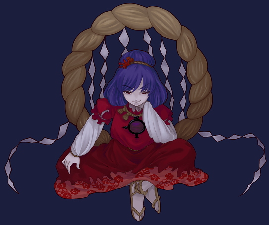ameri, yasaka kanako, touhou, 1girl, female focus, hair ornament, leaf hair ornament, rope, shimenawa, solo