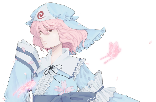 ameri, saigyouji yuyuko, touhou, 1girl, bug, butterfly, female focus, insect, pink hair, simple background, solo