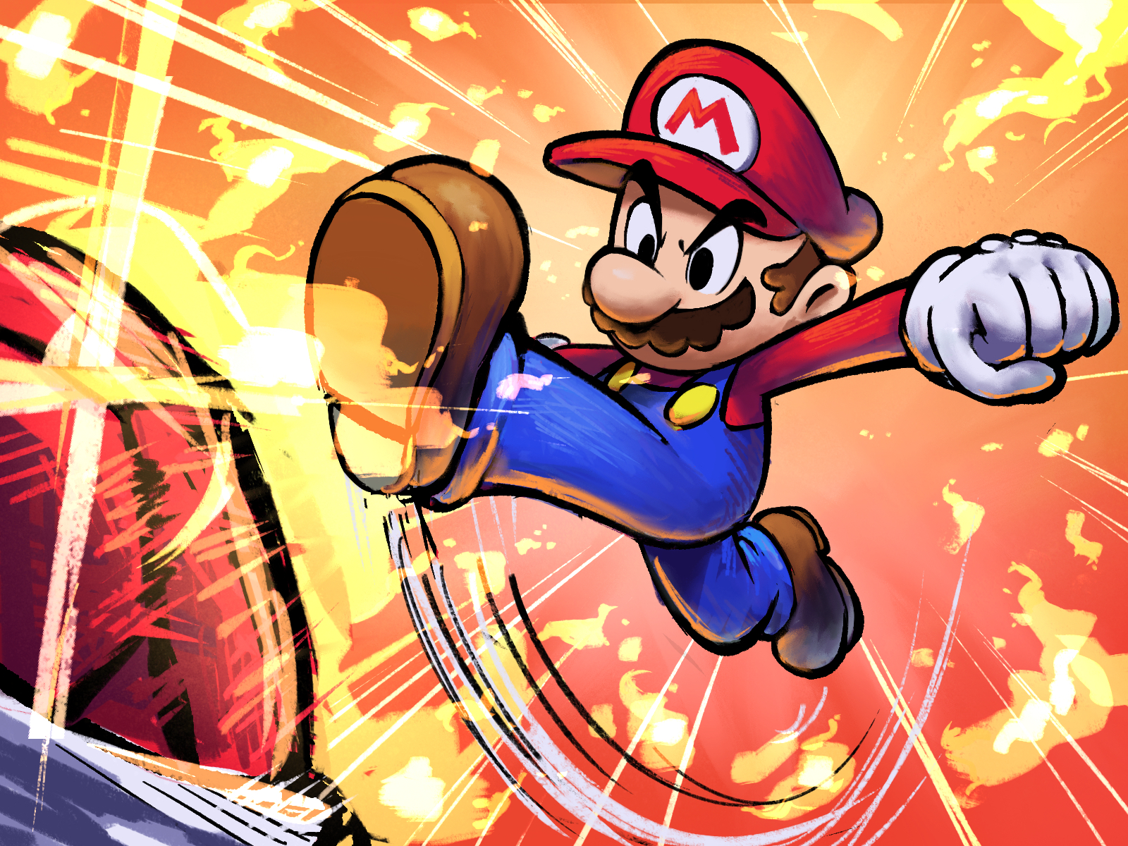 yamari (ya mari 6363), mario, mario & luigi: brothership, mario & luigi rpg, mario (series), nintendo, highres, 1boy, blue overalls, boots, brown boots, brown hair, facial hair, fire, frown, gloves, hat, kicking, male focus, masanori sato (style), mustache, overalls, red hat, red shell (mario), red shirt, shirt, short hair, solo, white gloves