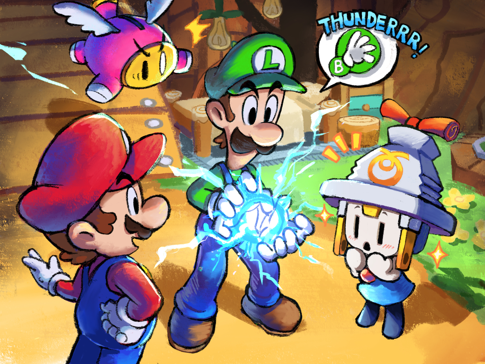 yamari (ya mari 6363), connie (mario), luigi, mario, snoutlet (mario), mario & luigi: brothership, mario & luigi: superstar saga, mario & luigi rpg, mario (series), nintendo, highres, 1girl, 2boys, bed, blue overalls, blush, bridge, brothers, brown hair, electrical outlet, electricity, energy ball, facial hair, gloves, grass, green hat, green shirt, hand on own hip, hands up, hat, light bulb, long sleeves, masanori sato (style), multiple boys, mustache, newsboy cap, notice lines, open mouth, overalls, own hands together, parody, powering up, red hat, red shirt, shirt, short hair, siblings, sparkle, speech bubble, style parody, white gloves, wooden bridge