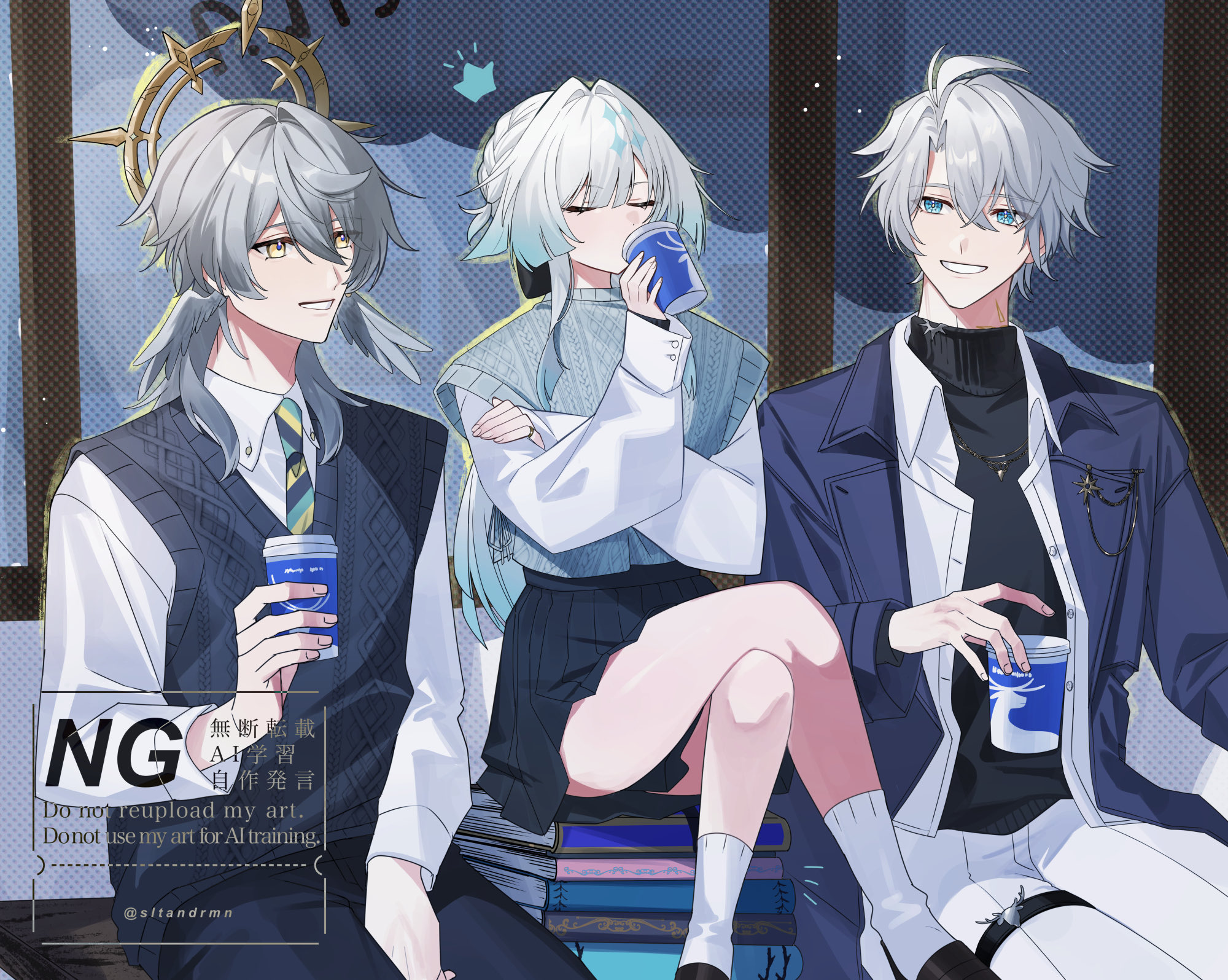 sltandrmn, cerydra (honkai: star rail), phainon (honkai: star rail), sunday (brilliant youth) (honkai: star rail), sunday (honkai: star rail), honkai: star rail, honkai (series), highres, 1girl, 2boys, antenna hair, black bow, black pants, black shoes, black skirt, black sweater, black sweater vest, blue eyes, blue hair, blue jacket, blue sweater vest, book, book stack, bow, braid, closed eyes, collared shirt, covered mouth, crossed bangs, crossed legs, crown (symbol), cup, disposable coffee cup, disposable cup, drinking, earrings, feathered wings, fingernails, gold earrings, gold necklace, gradient hair, green necktie, grey hair, hair bow, halo, halo behind head, hand up, head wings, holding, holding cup, indoors, jacket, jewelry, lapels, long hair, long sleeves, looking at another, low ponytail, multicolored hair, multiple boys, necklace, necktie, notice lines, official alternate costume, open clothes, open jacket, open shirt, pants, phainon (luckin coffee) (honkai: star rail), pleated skirt, ponytail, puffy long sleeves, puffy sleeves, shadow, shirt, shoes, short hair, sidelocks, sitting, skirt, smile, socks, steam, striped necktie, sweater, sweater vest, teeth, thigh strap, turtleneck, turtleneck sweater, watermark, white hair, white pants, white shirt, white socks, wings, yellow eyes, yellow pupils