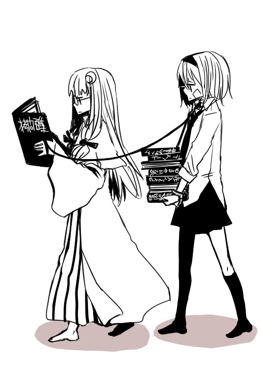 tadano kagekichi, alice margatroid, patchouli knowledge, touhou, 2girls, bespectacled, book, crescent, crescent hair ornament, female focus, glasses, hair ornament, leash, monochrome, multiple girls, spot color