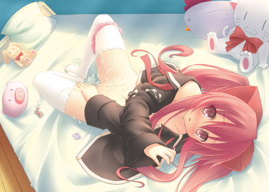 ryo (botugo), aloe, aloe (quiz magic academy), quiz magic academy, 1girl, aftersex, bed, black dress, blush, bottomless, bow, brown eyes, condom, condom wrapper, cum, cum on body, cum on clothes, cum on lower body, cum on upper body, dress, female focus, hair bow, loli, long hair, looking at viewer, lying, no panties, on back, on bed, open clothes, open dress, panties, panties around leg, pillow, pink hair, pink panties, pointless condom, solo, spread legs, stuffed animal, stuffed cat, stuffed rabbit, stuffed toy, thighhighs, underwear, used condom, very long hair, white thighhighs