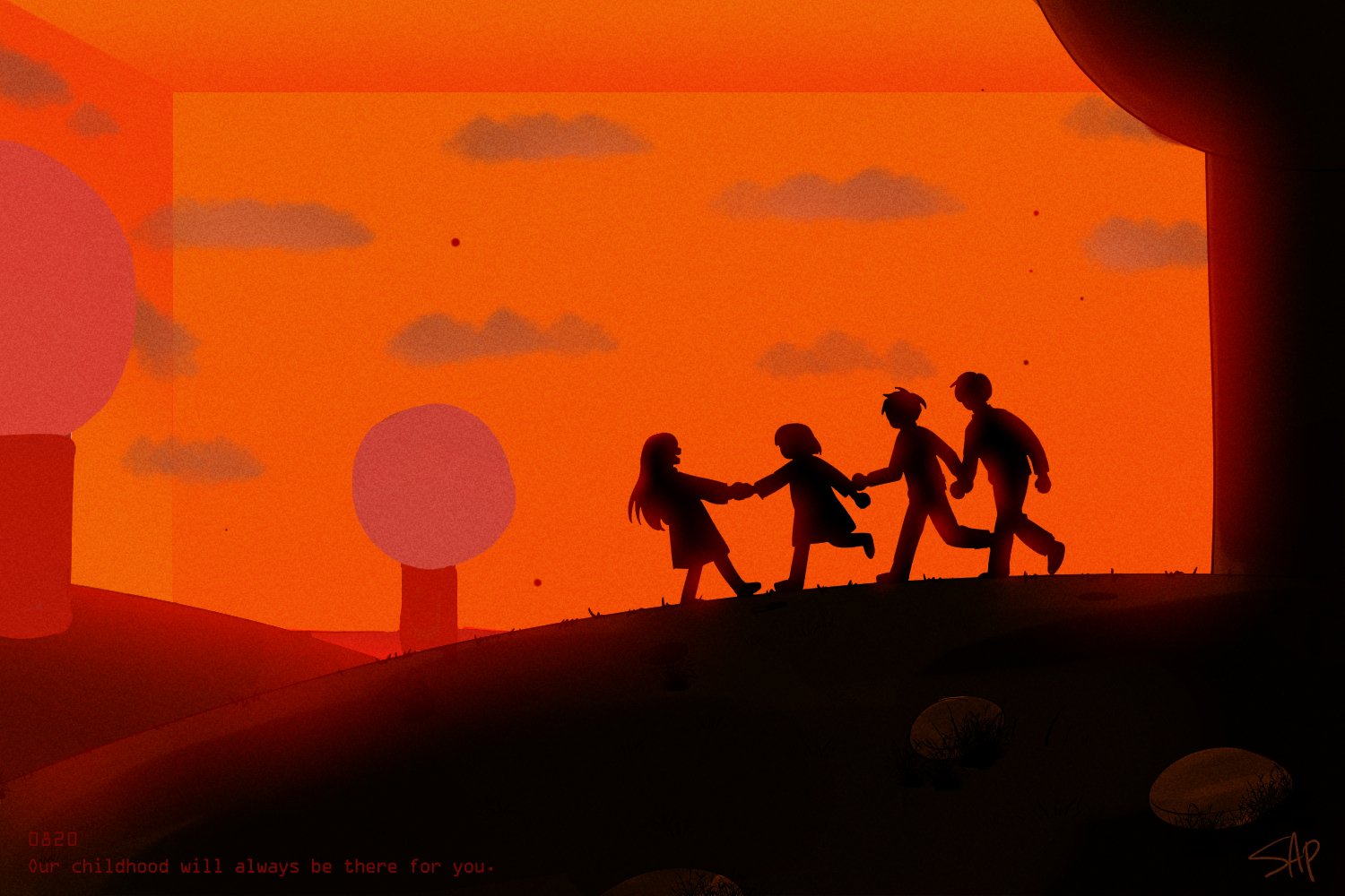 ivan (alien stage), mizi (alien stage), sua (alien stage), till (alien stage), alien stage, commentary, english commentary, 2boys, 2girls, birthday, cloud, dated, english text, holding hands, long hair, mojong sap, multiple boys, multiple girls, orange sky, short hair, signature, silhouette, sky, tree