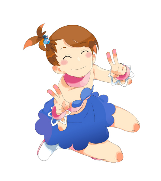 rakuraku, futami ami, idolmaster, idolmaster (classic), idolmaster 1, 00s, cute & girly (idolmaster), hair bobbles, hair ornament, happy, v