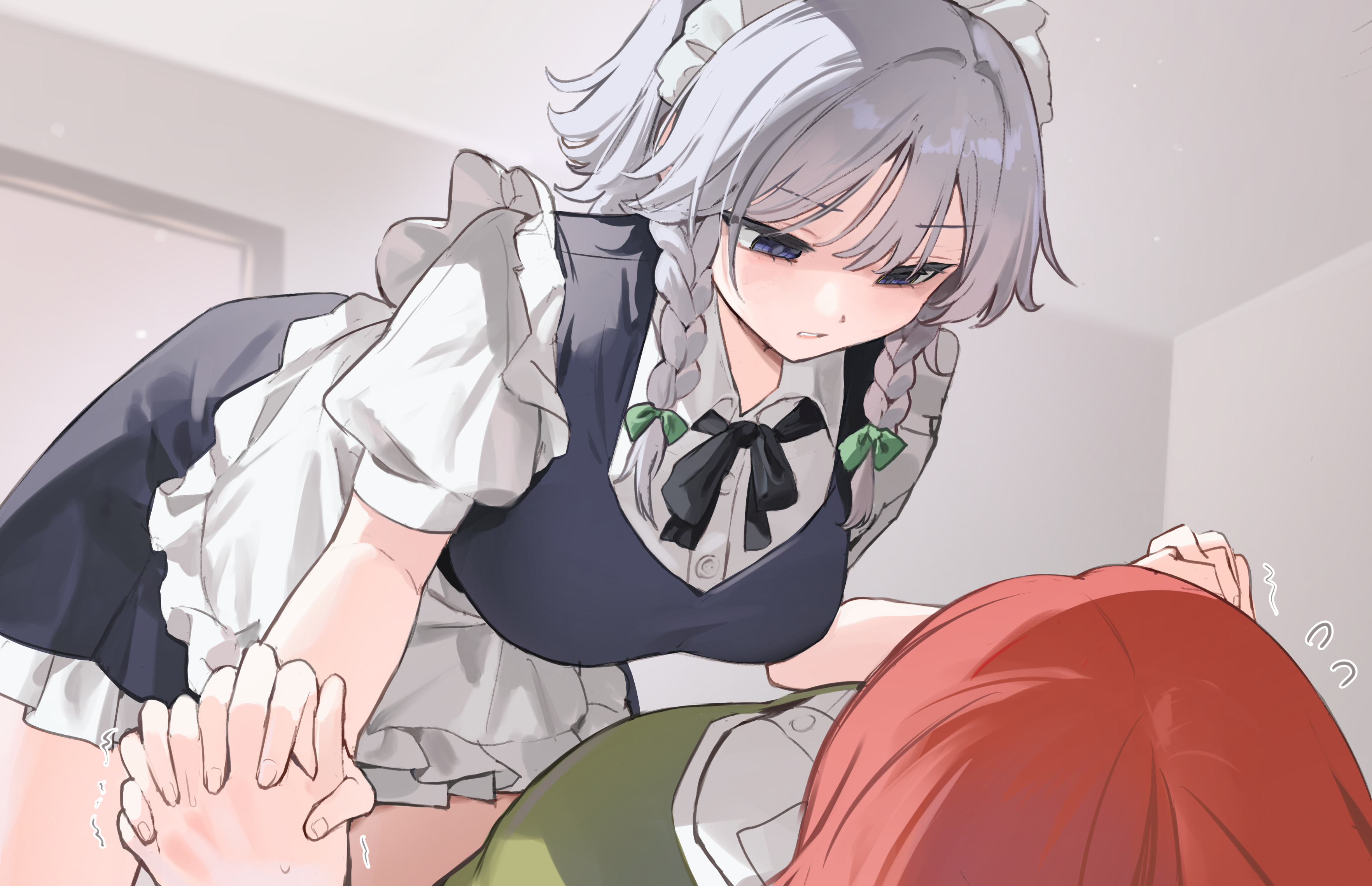 sarukana, hong meiling, izayoi sakuya, touhou, absurdres, commentary, highres, symbol-only commentary, 2girls, apron, black ribbon, blue dress, blue eyes, bow, braid, dress, frilled apron, frills, green bow, grey hair, hair bow, holding hands, indoors, interlocked fingers, looking at another, maid, maid apron, maid headdress, multiple girls, neck ribbon, orange hair, parted lips, pinafore dress, puffy short sleeves, puffy sleeves, ribbon, short sleeves, sleeveless, sleeveless dress, solo focus, trembling, twin braids, white apron, yuri