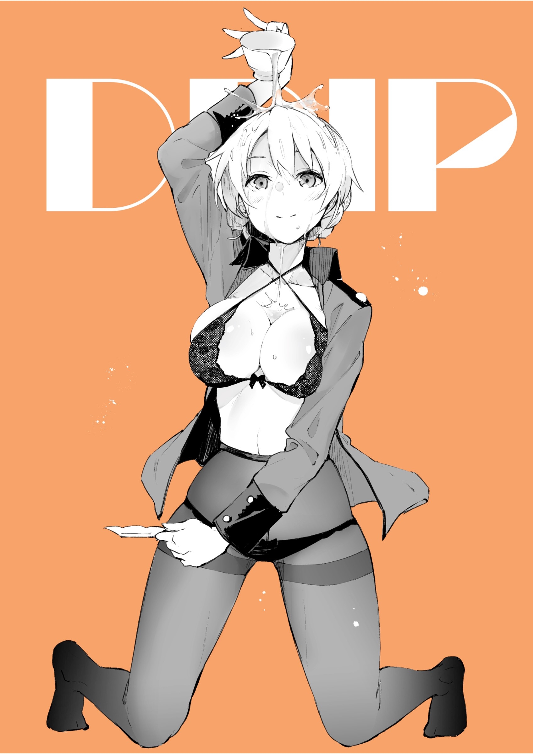 muteki soda, darjeeling (girls und panzer), girls und panzer, 1girl, blush, bra, braid, breasts, cleavage, closed mouth, cup, full body, holding, holding cup, large breasts, lingerie, looking at viewer, military uniform, navel, orange background, panties, panties under pantyhose, pantyhose, partially colored, simple background, smile, solo, st. gloriana's military uniform, tea, teacup, underwear