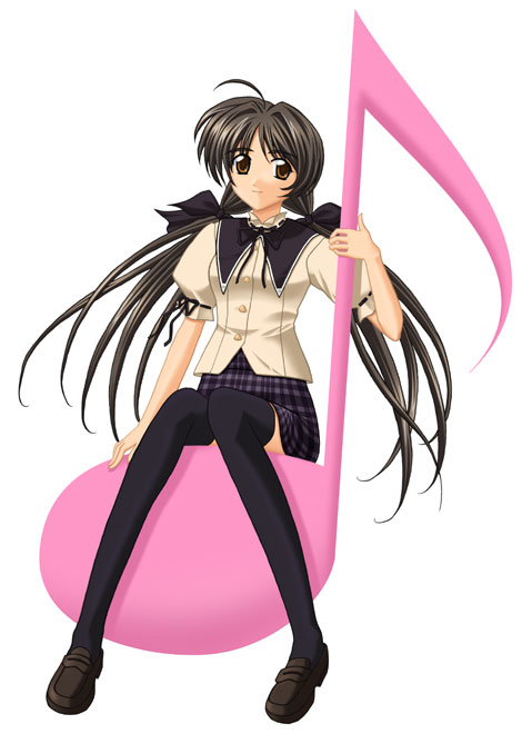 masakichi (crossroad), shirakawa hotaru, memories off, 1girl, black hair, brown eyes, female focus, low twintails, musical note, quaver, school uniform, serafuku, short sleeves, simple background, sitting, solo, thighhighs, twintails, white background