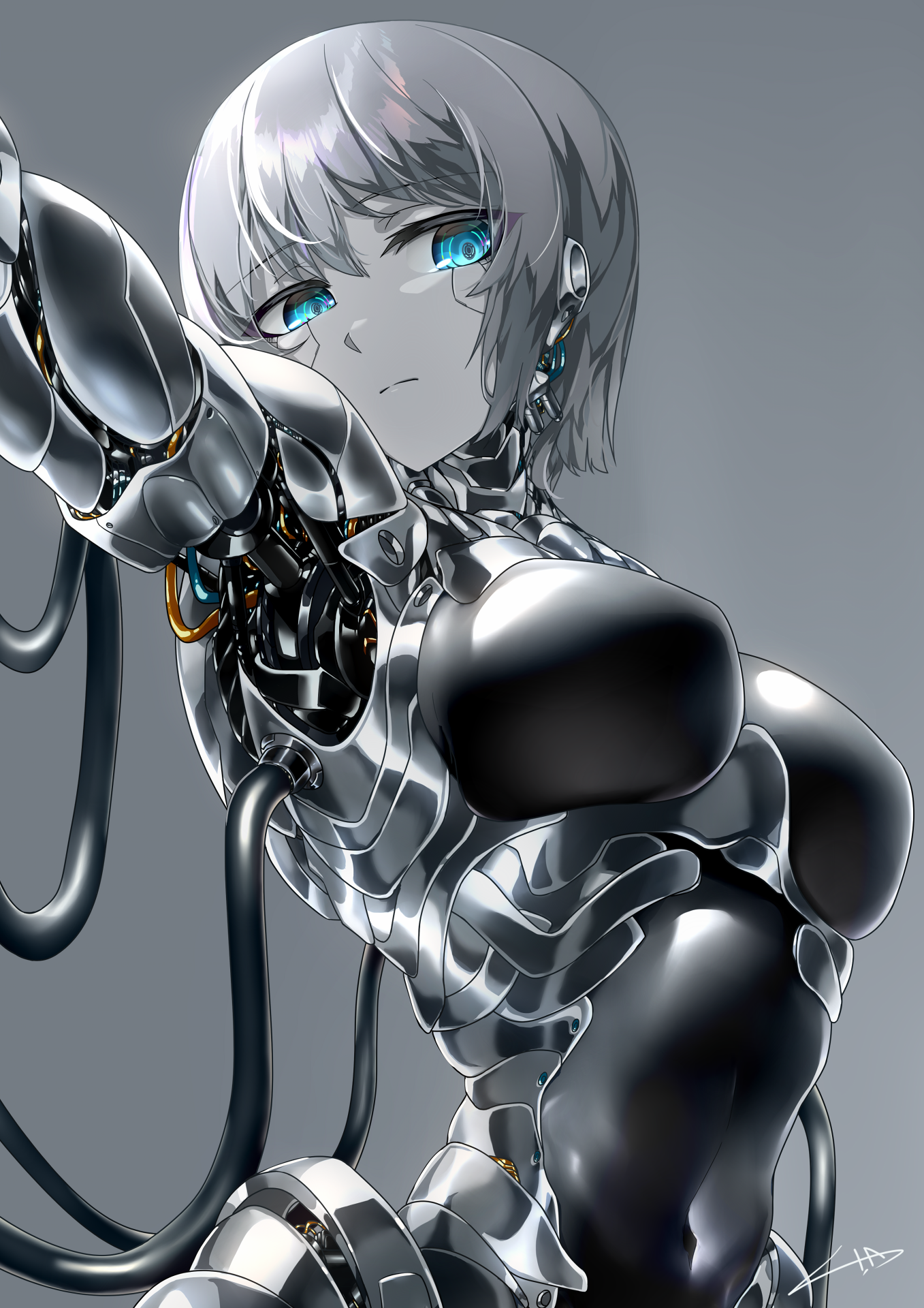 hayabusa aoi, original, highres, 1girl, blue eyes, breasts, cable, colored skin, grey background, grey hair, grey skin, joints, looking at viewer, medium breasts, navel, robot girl, robot joints, science fiction, short hair, signature, solo, tube, very short hair
