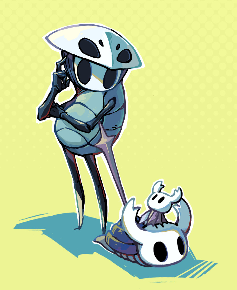 fuifui, knight (hollow knight), quirrel, hollow knight, hollow eyes, horned mask, mask, mask on head, nail (hollow knight), shell, snail, white mask, yellow background